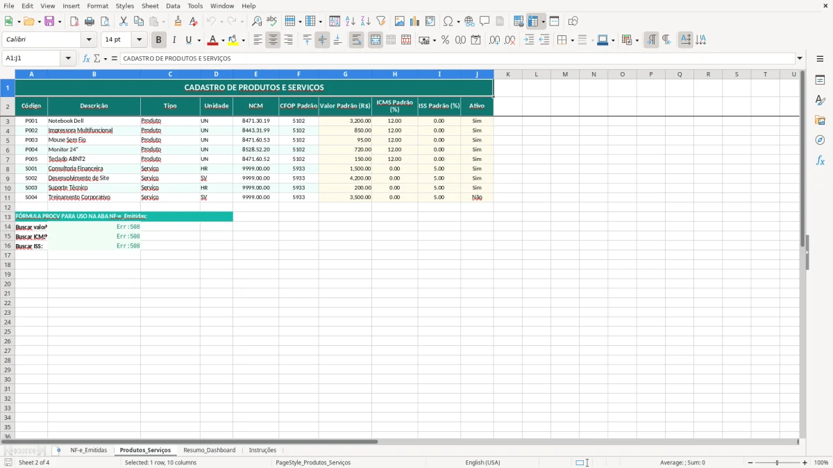 Captura de tela 2: Aba Produtos_Serviços - Planilha Excel modelo de nota fiscal excel
