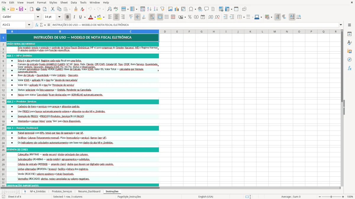 Captura de tela 4: Aba Instruções - Planilha Excel modelo de nota fiscal excel