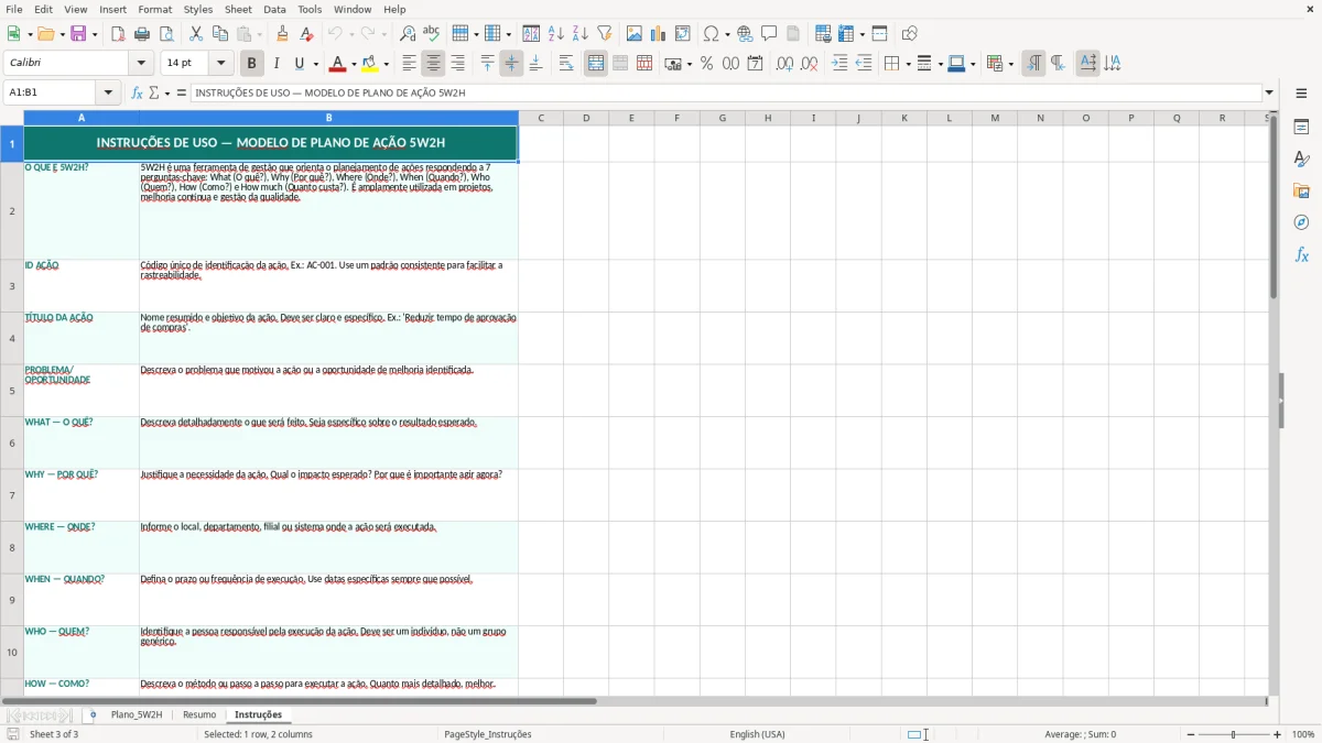 Captura de tela 3: Aba Instruções - Planilha Excel modelo de plano de ação 5W2H excel