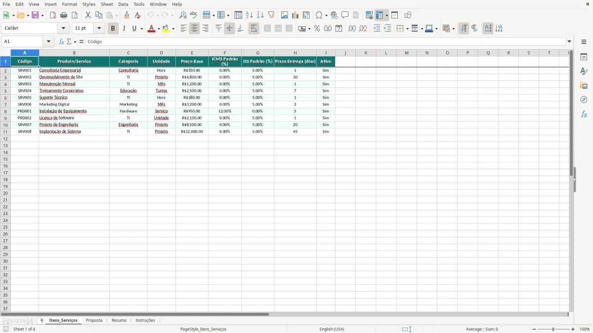 Captura de tela 1: Aba Itens_Serviços - Planilha Excel modelo de proposta comercial excel