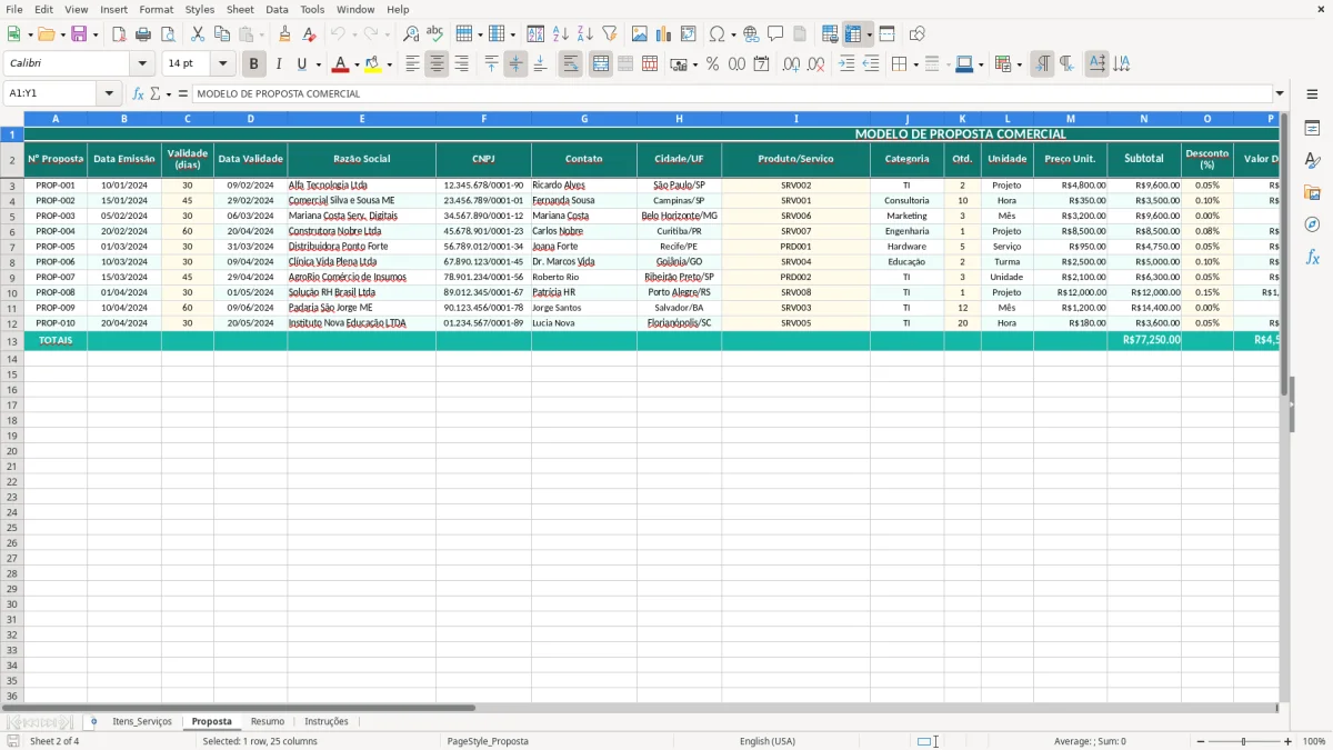 Captura de tela 2: Aba Proposta - Planilha Excel modelo de proposta comercial excel