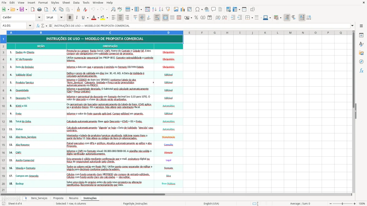 Captura de tela 4: Aba Instruções - Planilha Excel modelo de proposta comercial excel