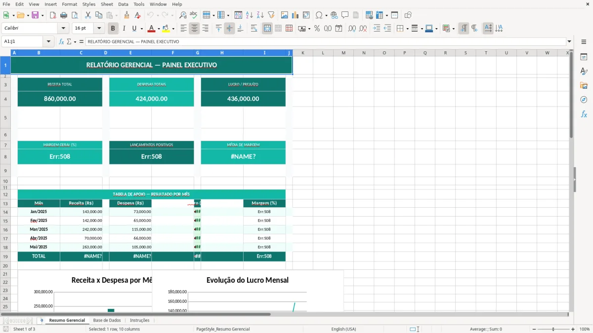 Captura de tela 1: Aba Resumo Gerencial - Planilha Excel modelo de relatório gerencial excel