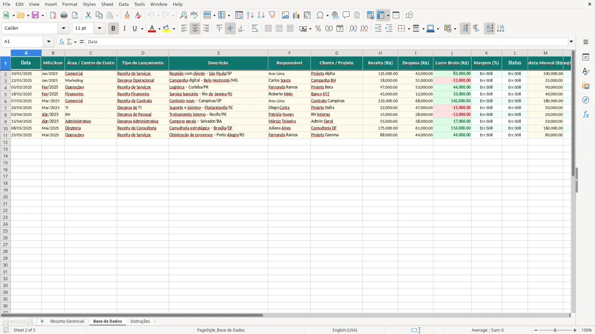 Captura de tela 2: Aba Base de Dados - Planilha Excel modelo de relatório gerencial excel