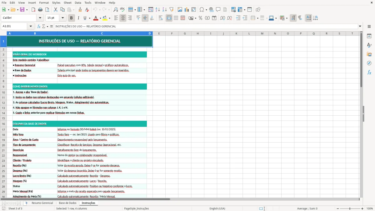 Captura de tela 3: Aba Instruções - Planilha Excel modelo de relatório gerencial excel