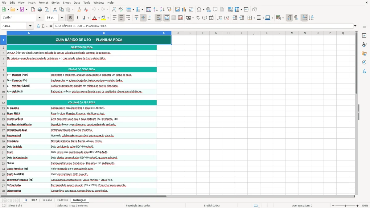 Captura de tela 4: Aba Instruções - Planilha Excel planilha PDCA excel