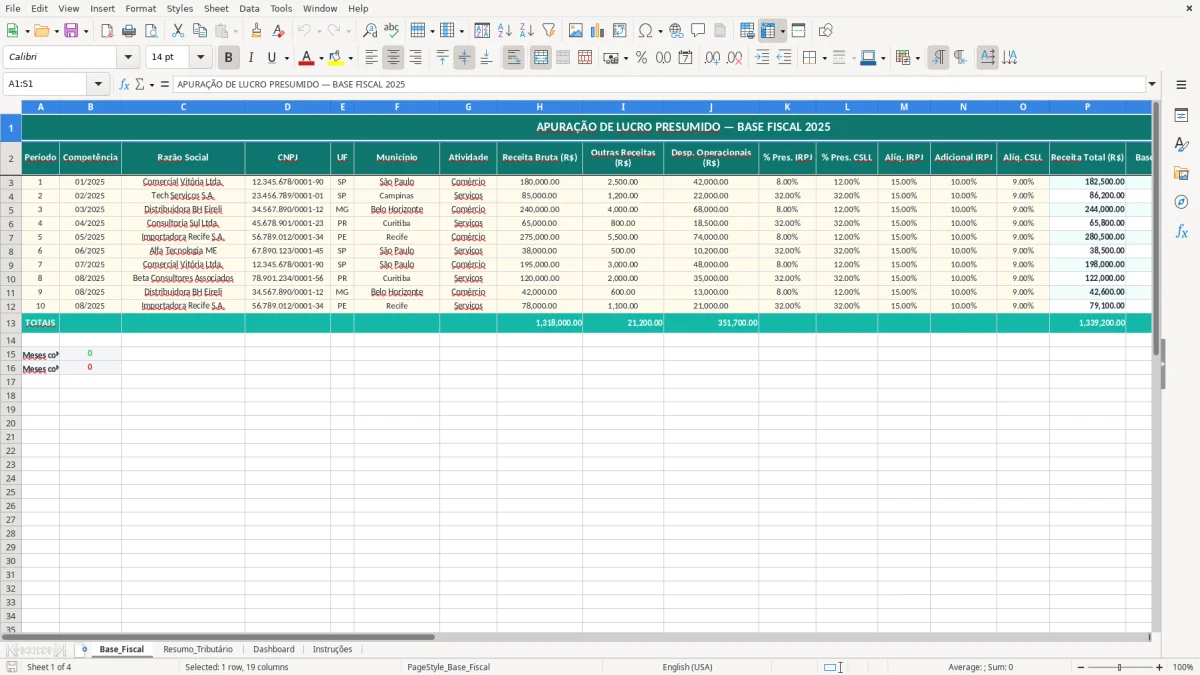 Captura de tela 1: Aba Base_Fiscal - Planilha Excel planilha de apuração de lucro presumido excel
