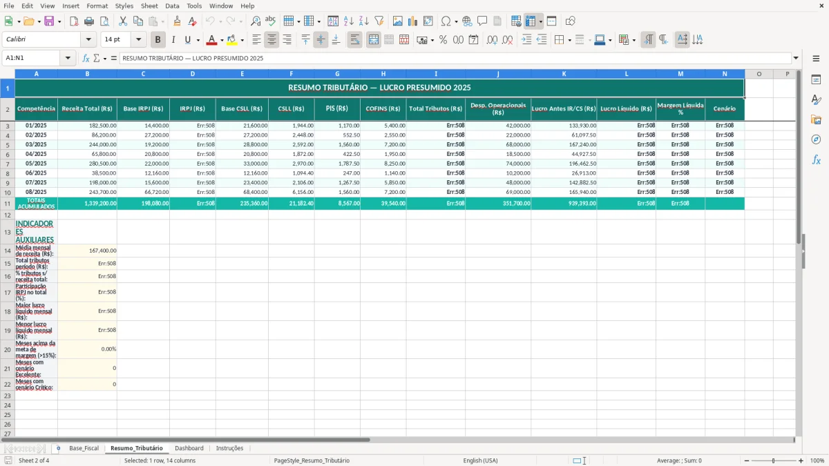 Captura de tela 2: Aba Resumo_Tributário - Planilha Excel planilha de apuração de lucro presumido excel