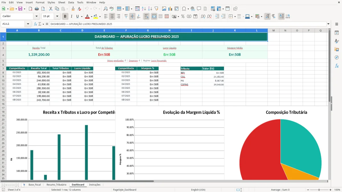 Captura de tela 3: Aba Dashboard - Planilha Excel planilha de apuração de lucro presumido excel