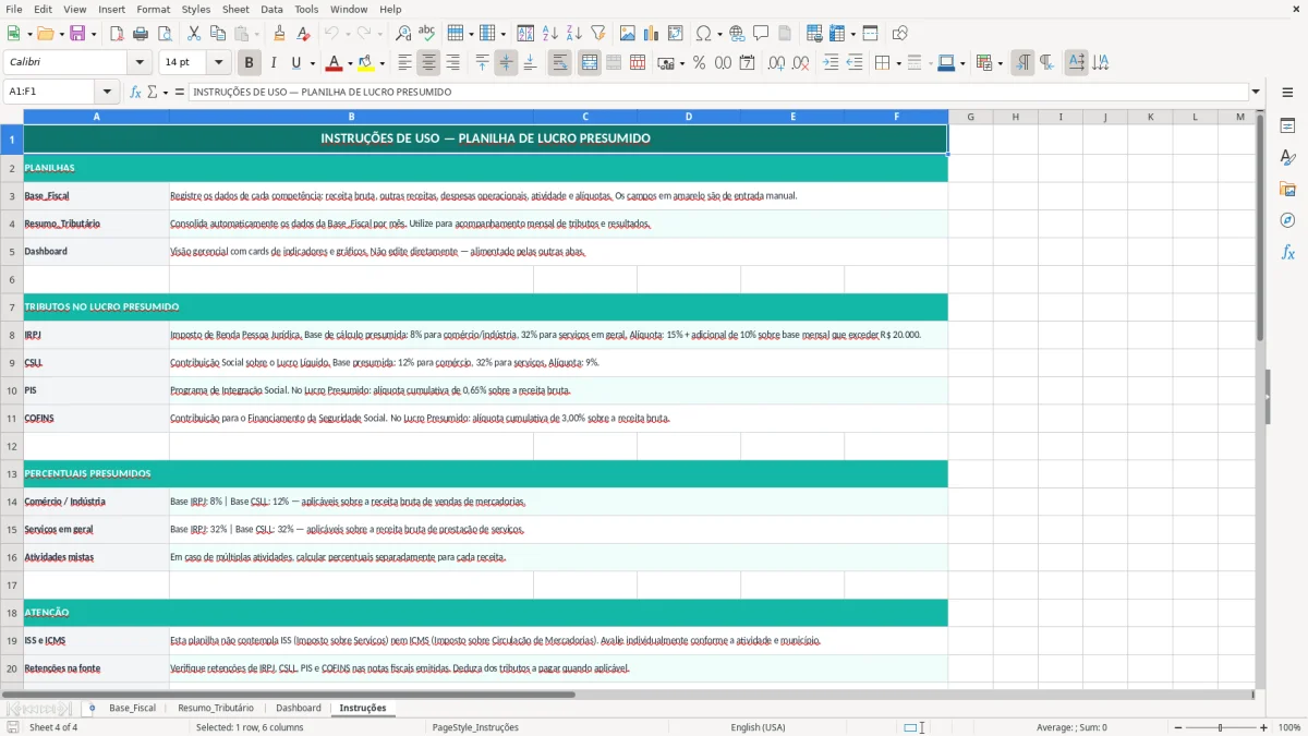Captura de tela 4: Aba Instruções - Planilha Excel planilha de apuração de lucro presumido excel