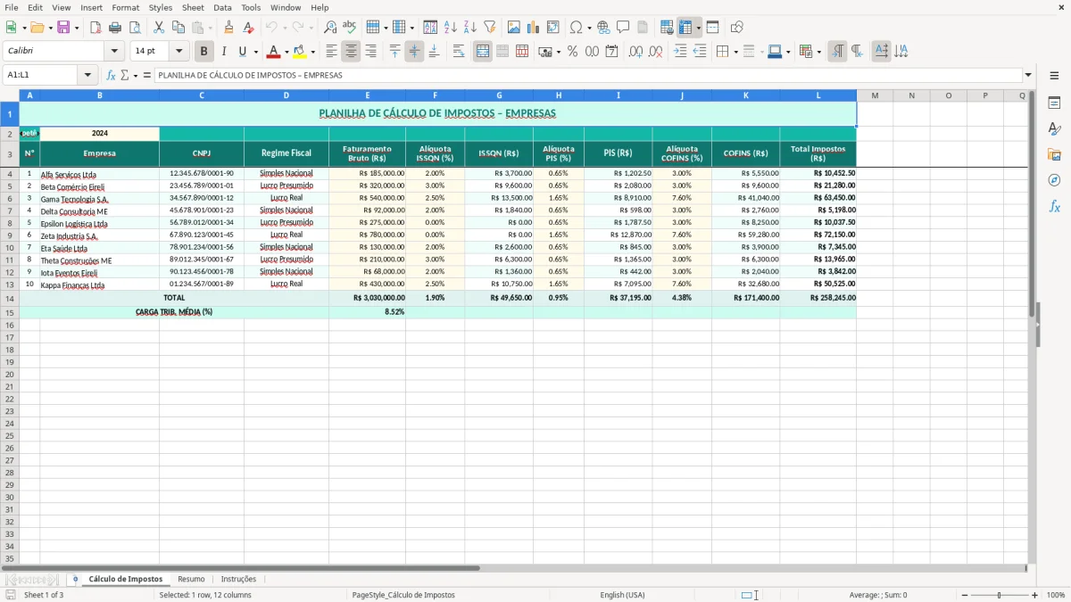 Captura de tela 1: Aba Cálculo de Impostos - Planilha Excel planilha de cálculo de impostos excel