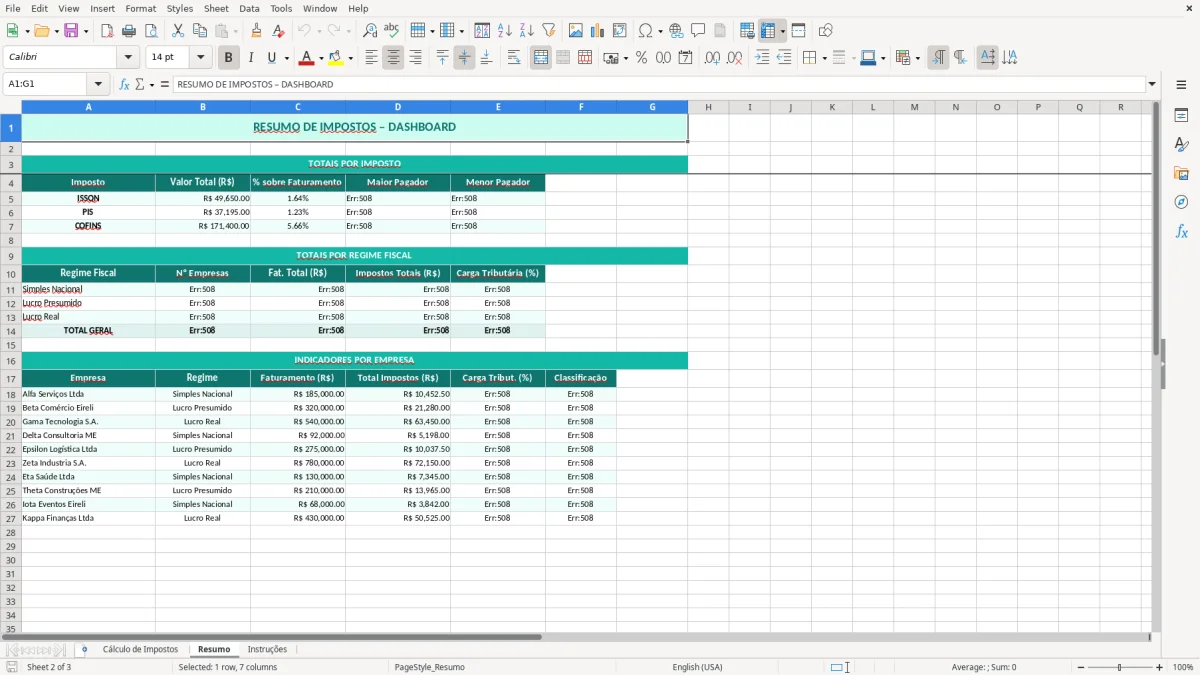 Captura de tela 2: Aba Resumo - Planilha Excel planilha de cálculo de impostos excel