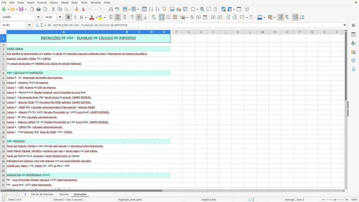 Captura de tela 3: Aba Instruções - Planilha Excel planilha de cálculo de impostos excel