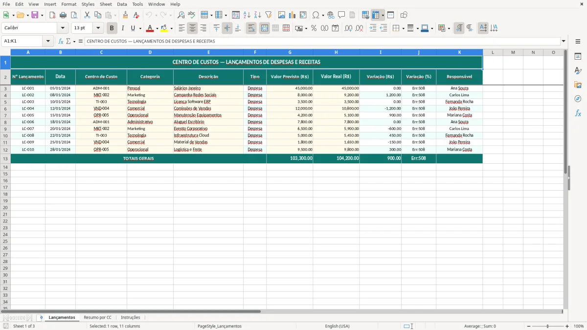 Captura de tela 1: Aba Lançamentos - Planilha Excel planilha de centro de custos excel