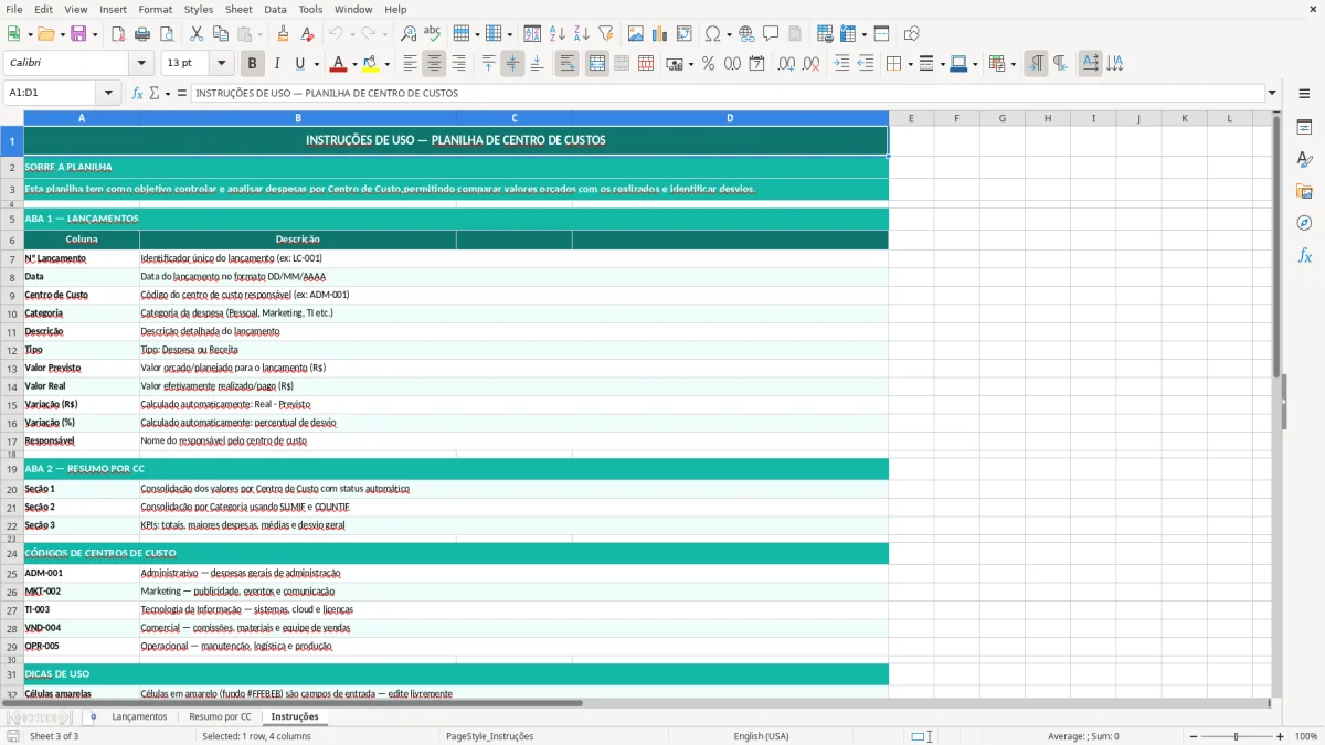 Captura de tela 3: Aba Instruções - Planilha Excel planilha de centro de custos excel