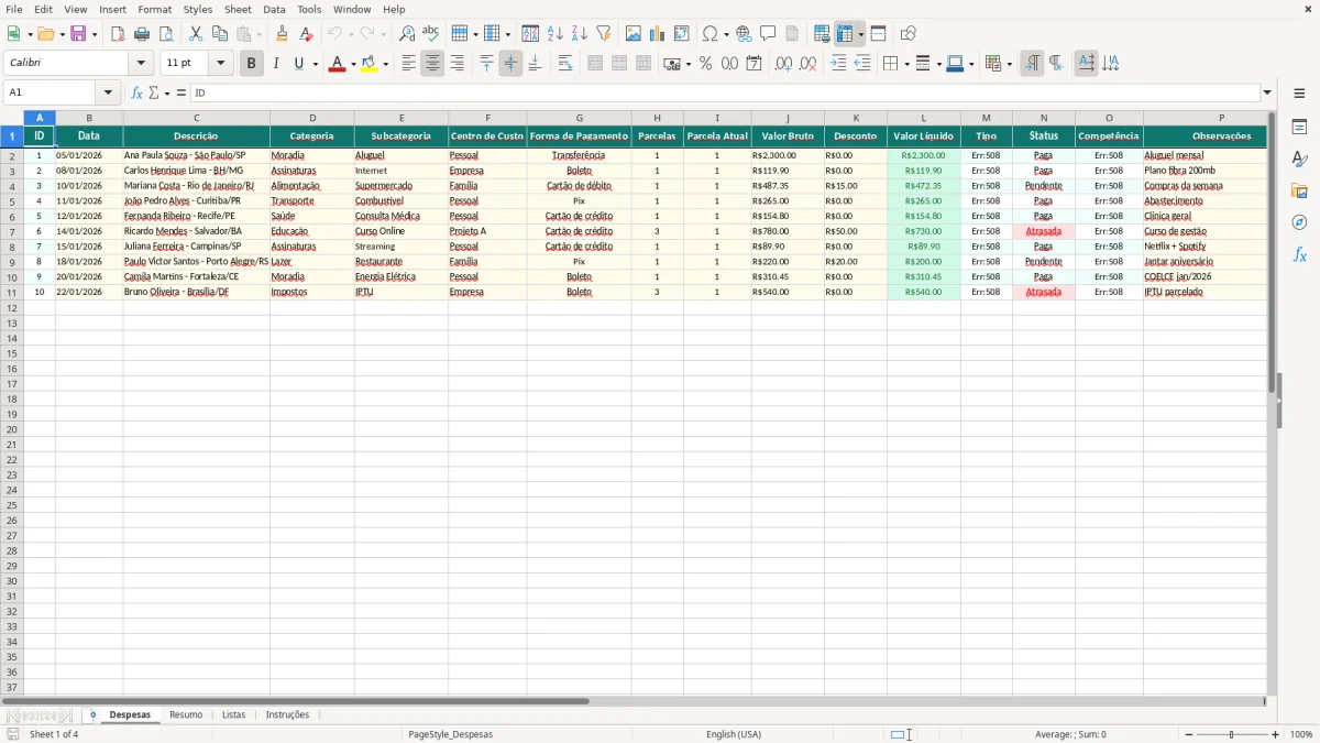 Captura de tela 1: Aba Despesas - Planilha Excel planilha de controle de despesas excel