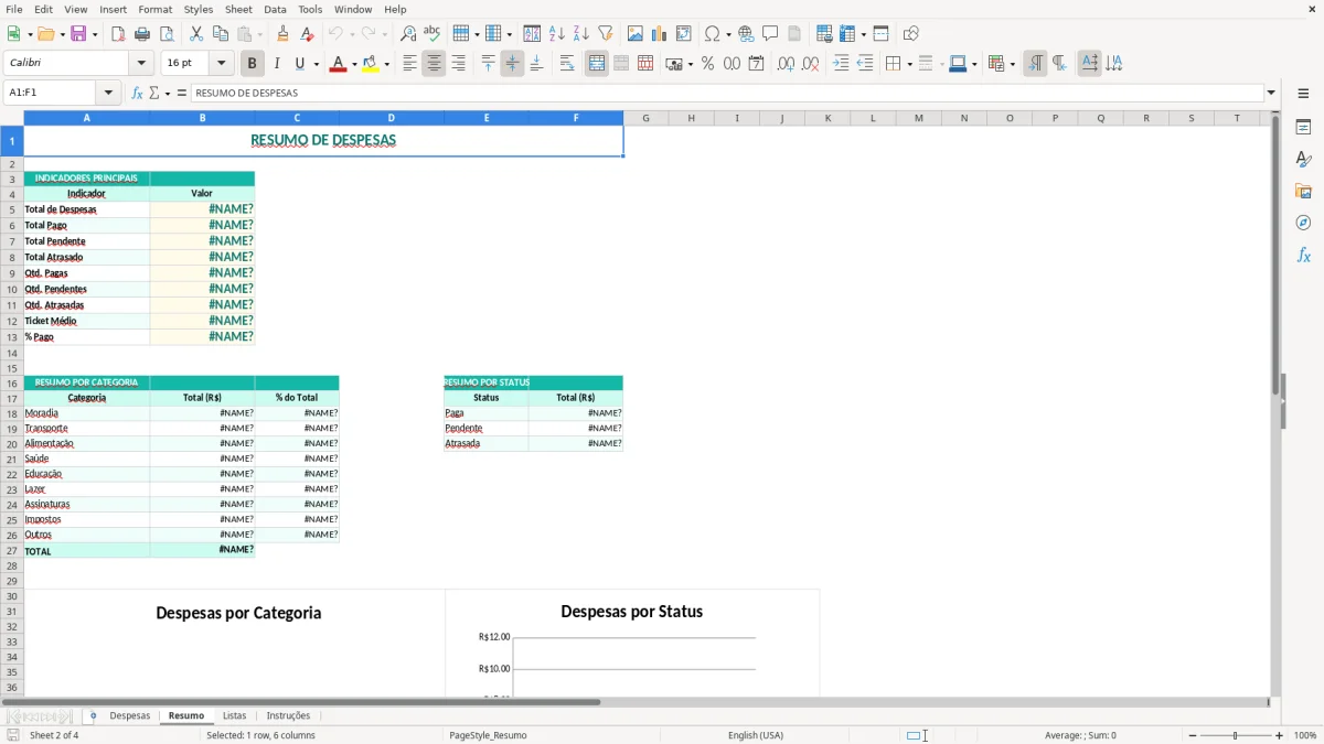 Captura de tela 2: Aba Resumo - Planilha Excel planilha de controle de despesas excel