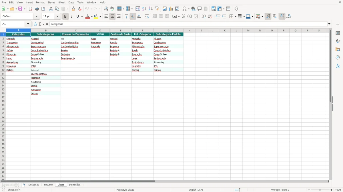 Captura de tela 3: Aba Listas - Planilha Excel planilha de controle de despesas excel