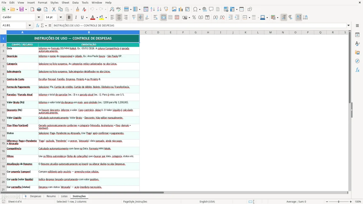 Captura de tela 4: Aba Instruções - Planilha Excel planilha de controle de despesas excel