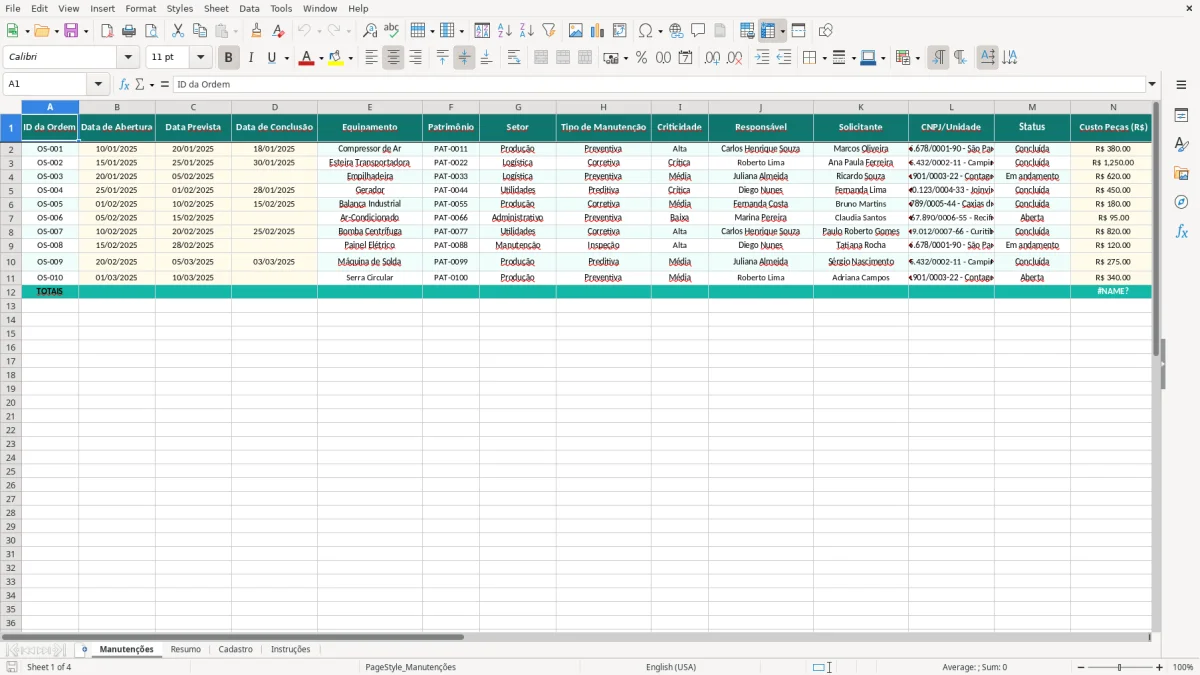 Captura de tela 1: Aba Manutenções - Planilha Excel planilha de controle de manutenção excel