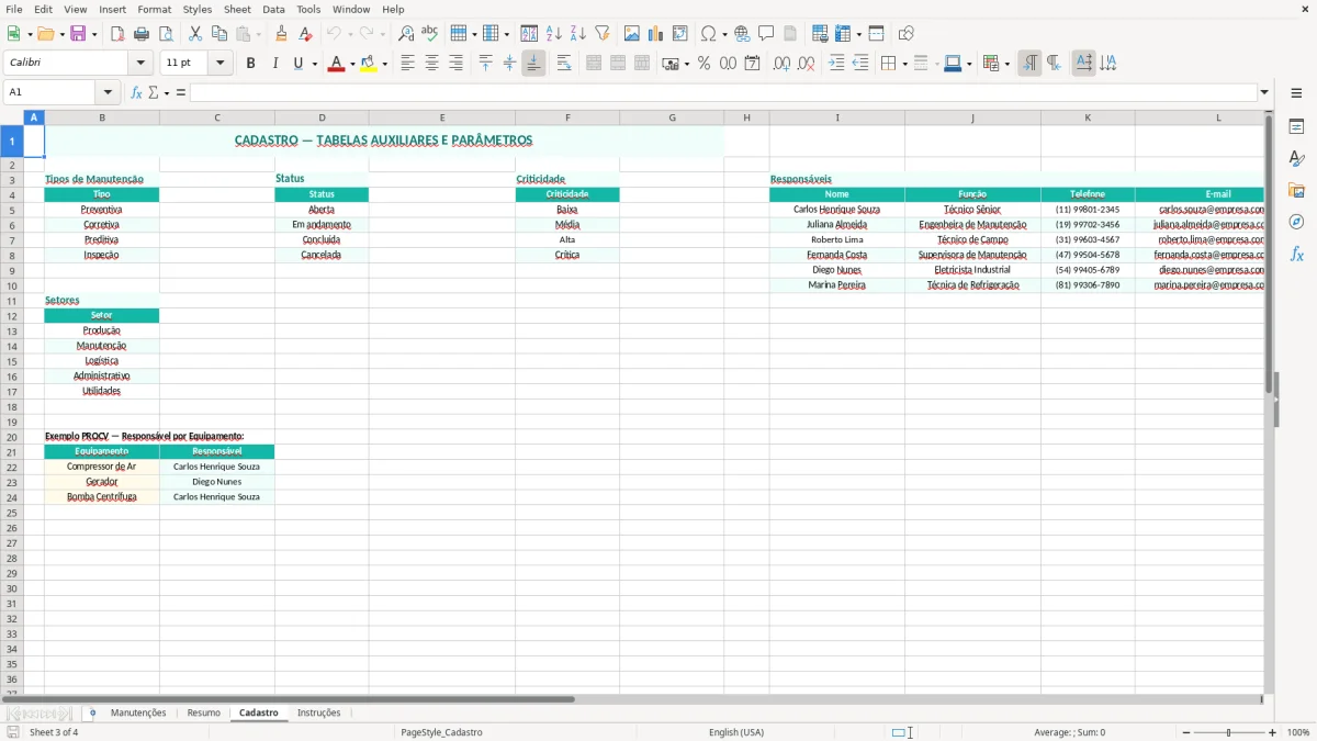 Captura de tela 3: Aba Cadastro - Planilha Excel planilha de controle de manutenção excel