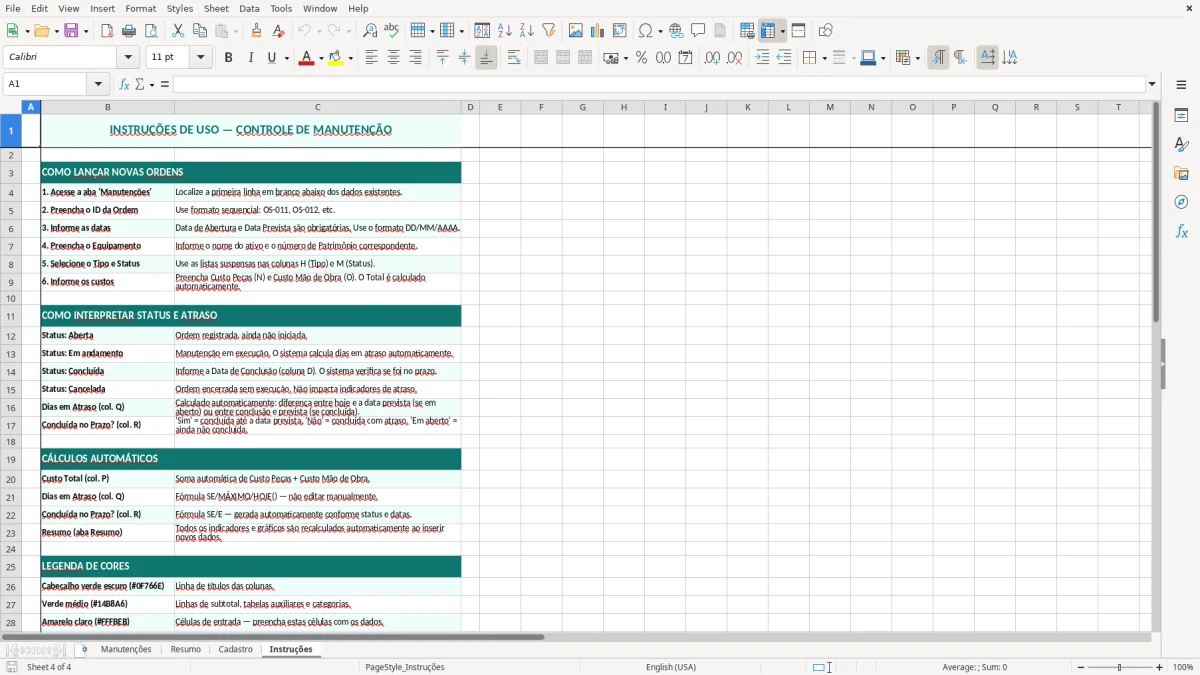 Captura de tela 4: Aba Instruções - Planilha Excel planilha de controle de manutenção excel