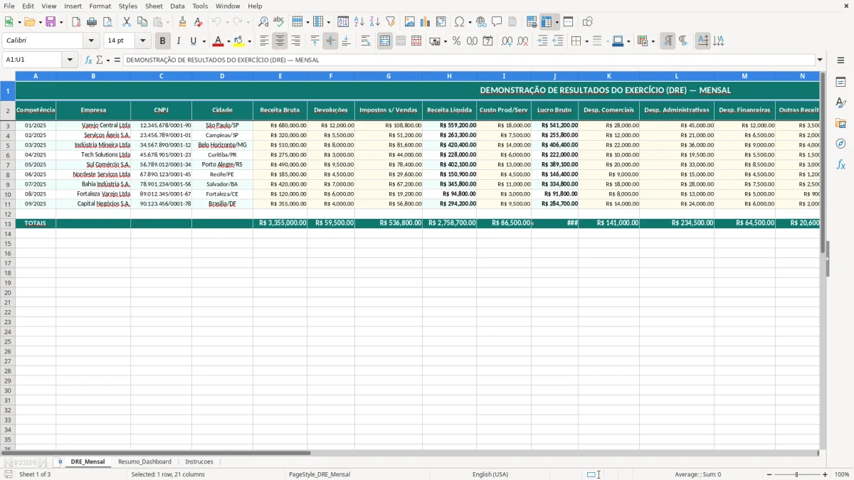 Captura de tela 1: Aba DRE_Mensal - Planilha Excel planilha de demonstração de resultados excel
