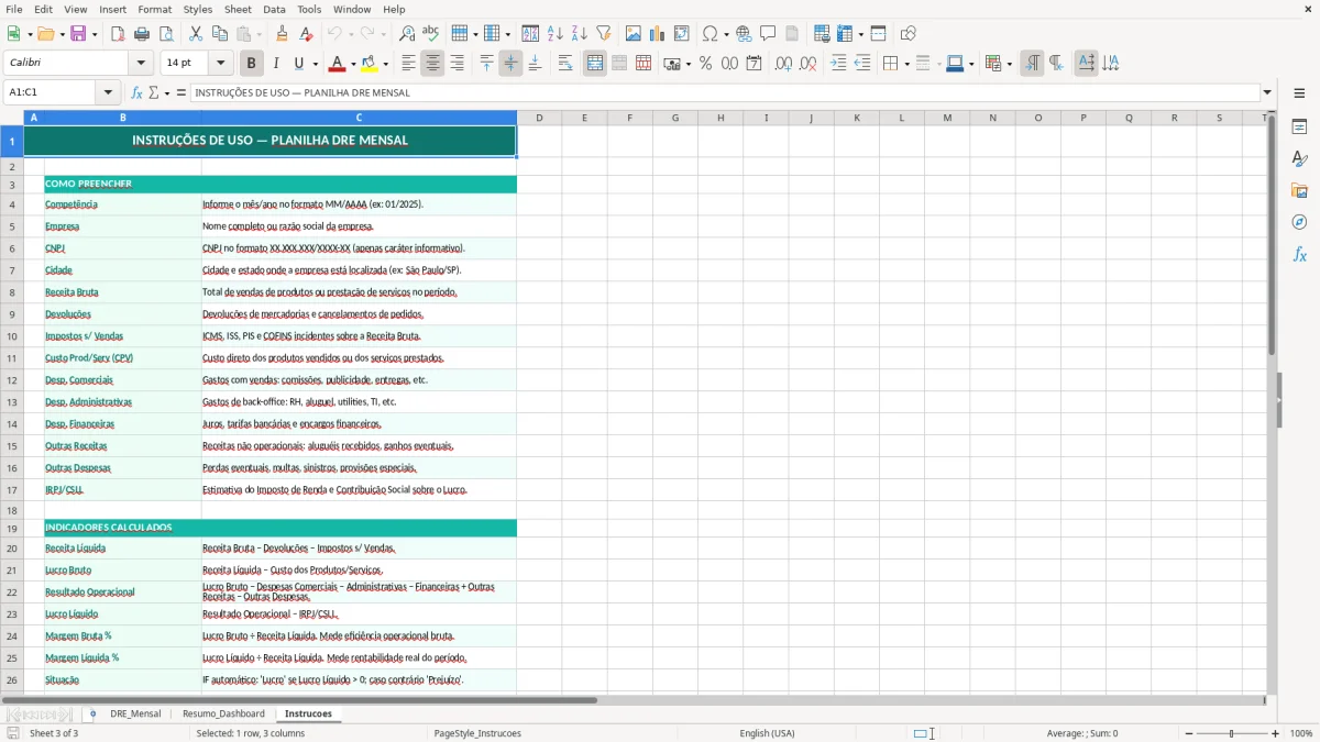 Captura de tela 3: Aba Instrucoes - Planilha Excel planilha de demonstração de resultados excel