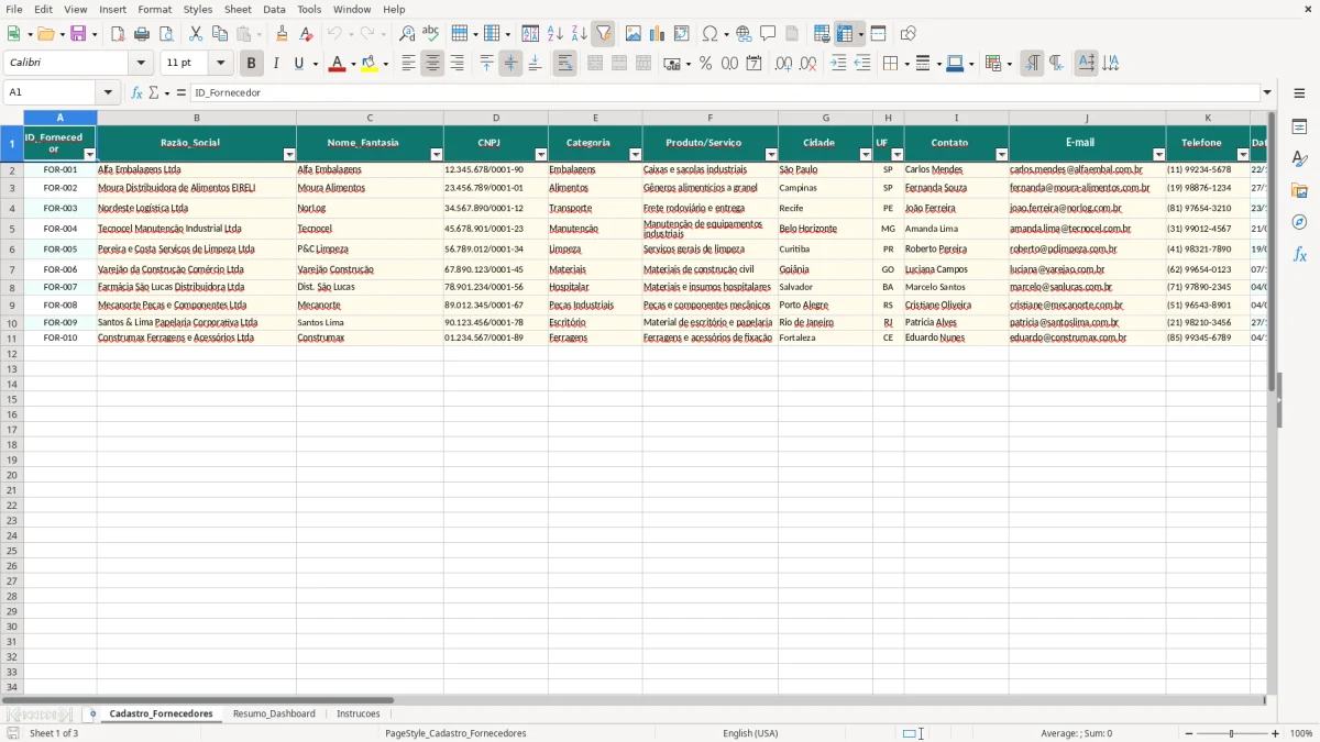 Captura de tela 1: Aba Cadastro_Fornecedores - Planilha Excel planilha de gestão de fornecedores excel