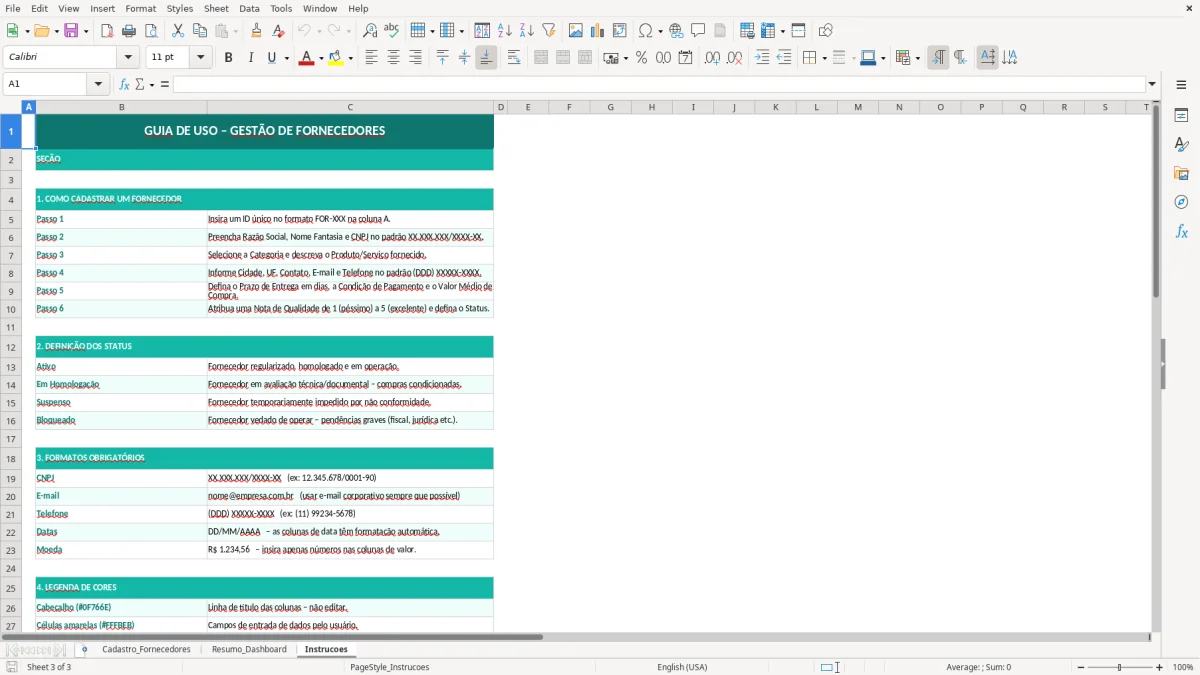 Captura de tela 3: Aba Instrucoes - Planilha Excel planilha de gestão de fornecedores excel
