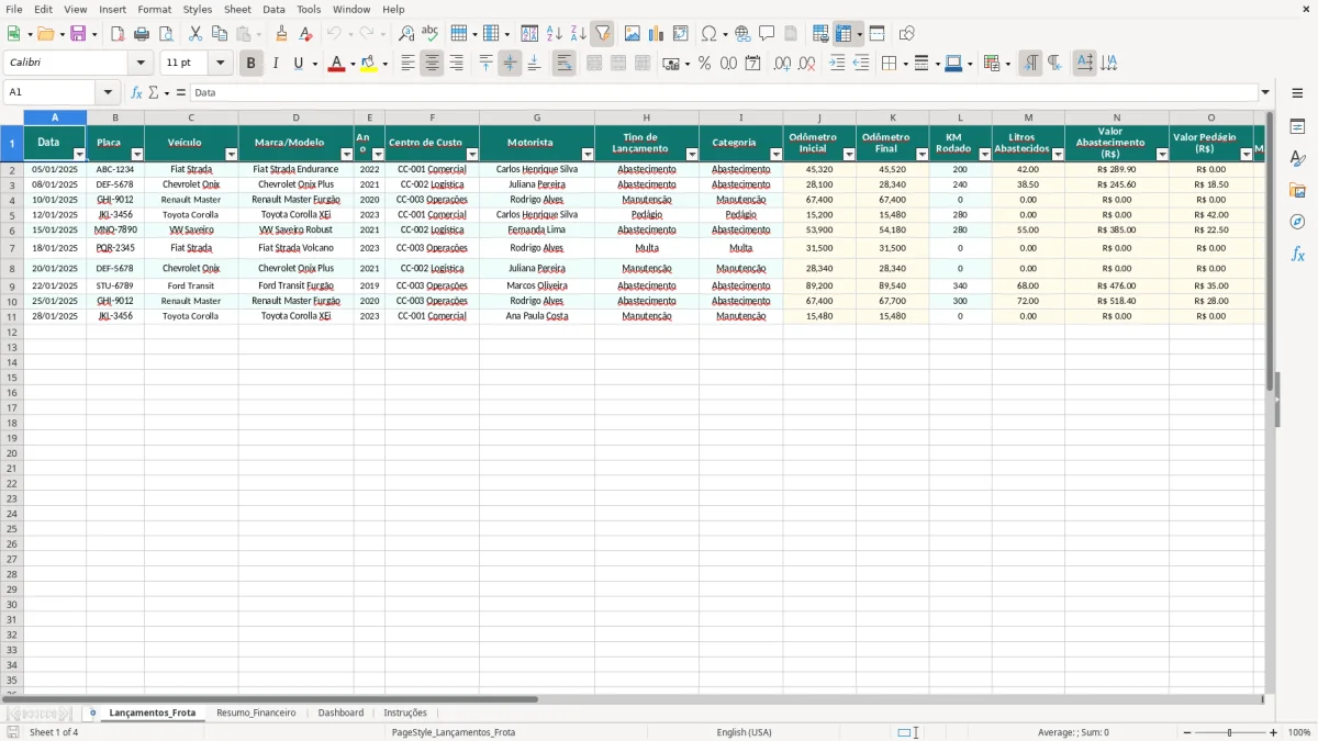 Captura de tela 1: Aba Lançamentos_Frota - Planilha Excel planilha de gestão de frota excel