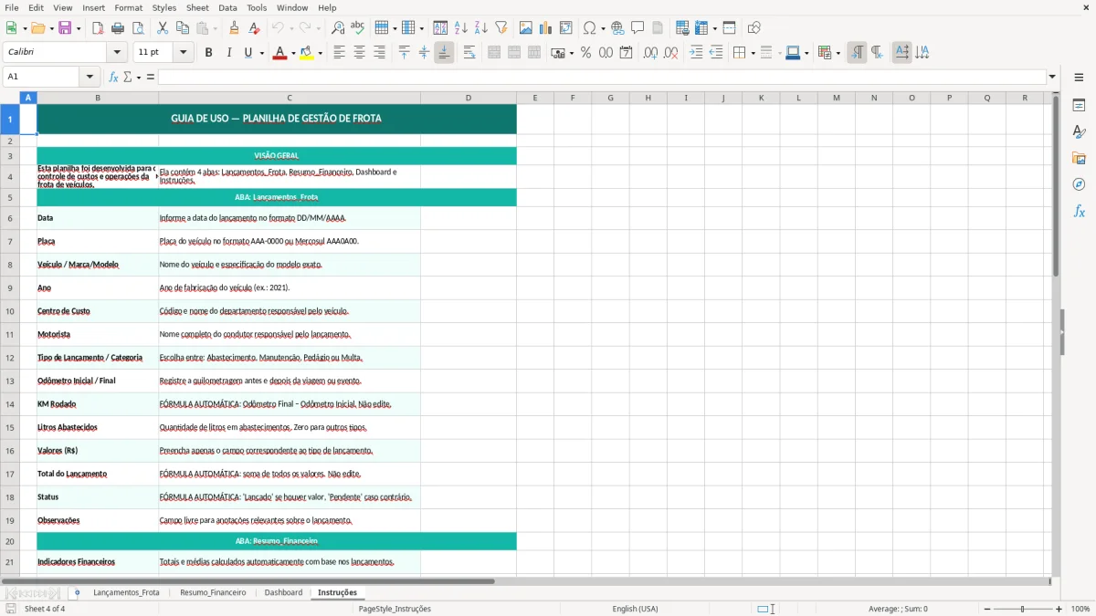 Captura de tela 4: Aba Instruções - Planilha Excel planilha de gestão de frota excel