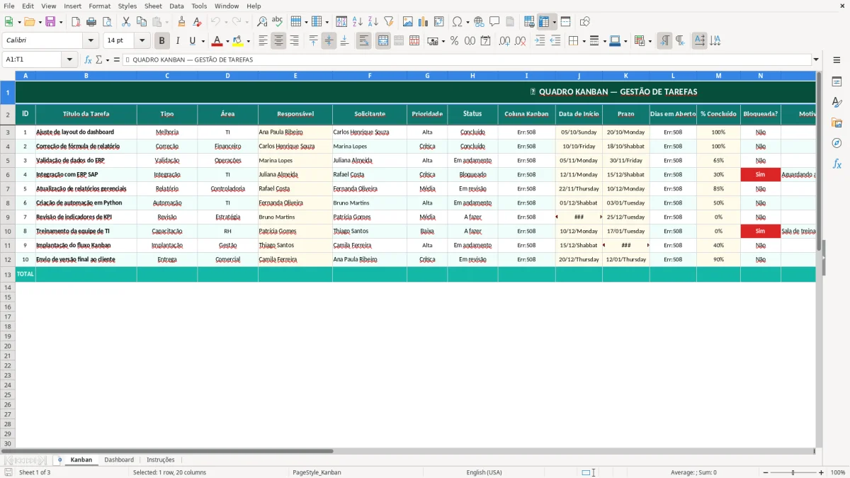 Captura de tela 1: Aba Kanban - Planilha Excel planilha de kanban excel