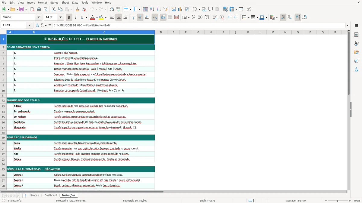 Captura de tela 3: Aba Instruções - Planilha Excel planilha de kanban excel