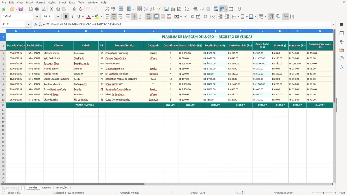 Captura de tela 1: Aba Vendas - Planilha Excel planilha de margem de lucro excel