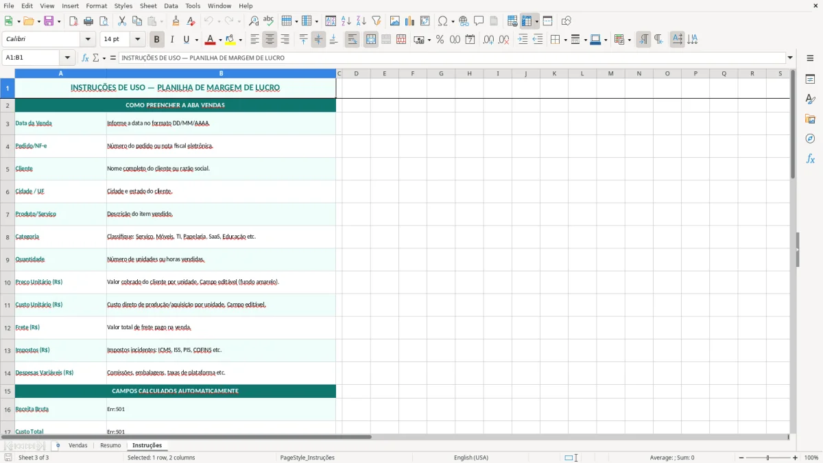 Captura de tela 3: Aba Instruções - Planilha Excel planilha de margem de lucro excel