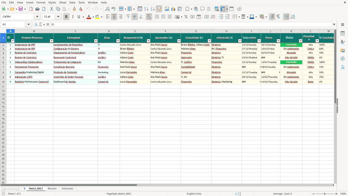 Captura de tela 1: Aba Matriz_RACI - Planilha Excel planilha de matriz RACI excel