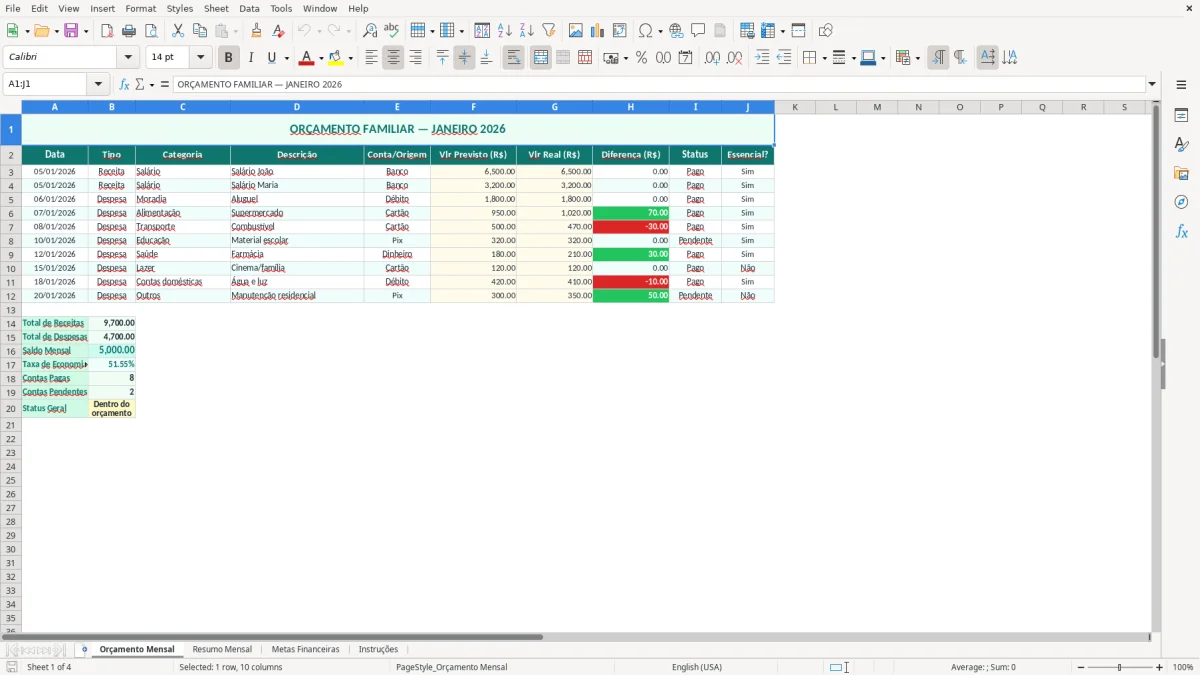 Captura de tela 1: Aba Orçamento Mensal - Planilha Excel planilha de orçamento familiar excel