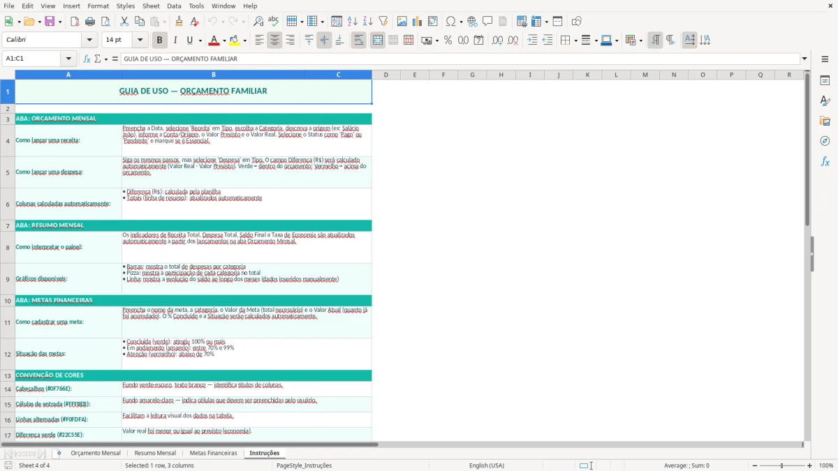 Captura de tela 4: Aba Instruções - Planilha Excel planilha de orçamento familiar excel