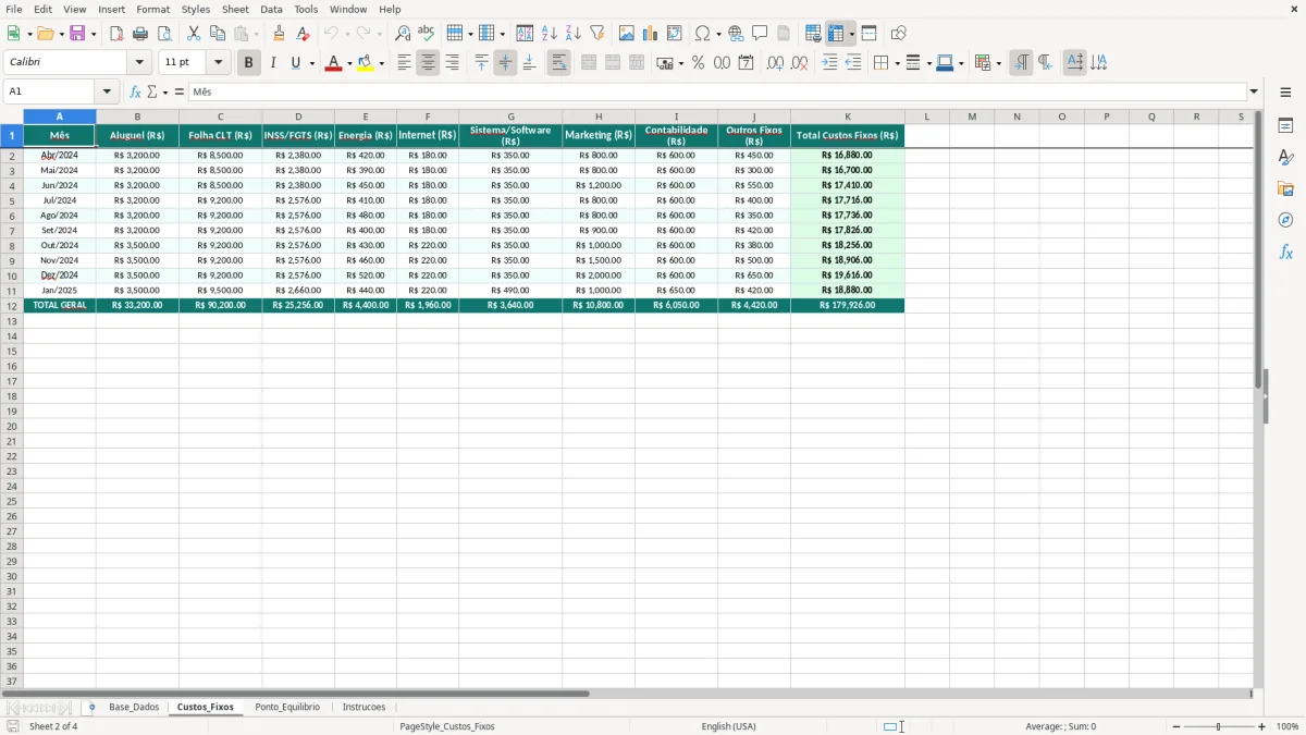 Captura de tela 2: Aba Custos_Fixos - Planilha Excel planilha de ponto de equilíbrio excel