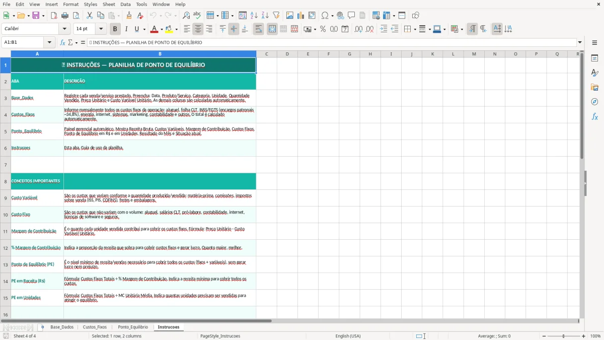 Captura de tela 4: Aba Instrucoes - Planilha Excel planilha de ponto de equilíbrio excel