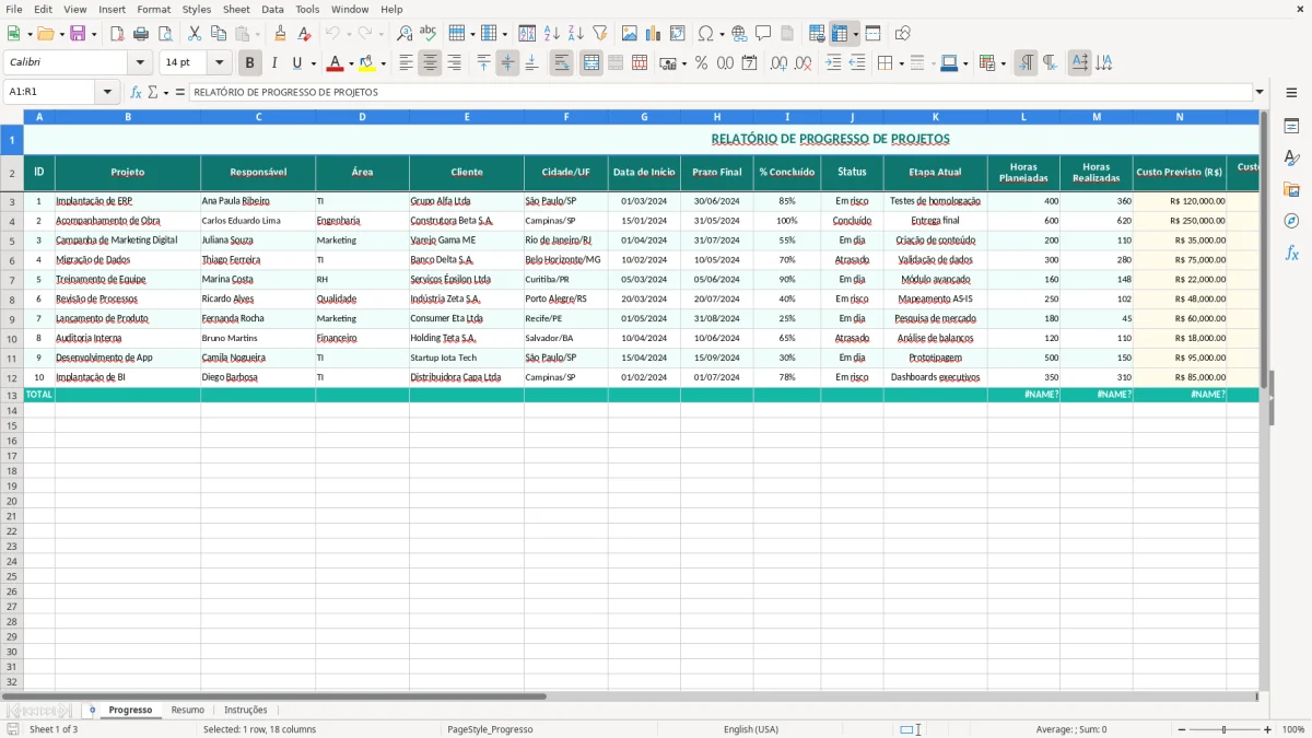 Captura de tela 1: Aba Progresso - Planilha Excel planilha de relatório de progresso excel