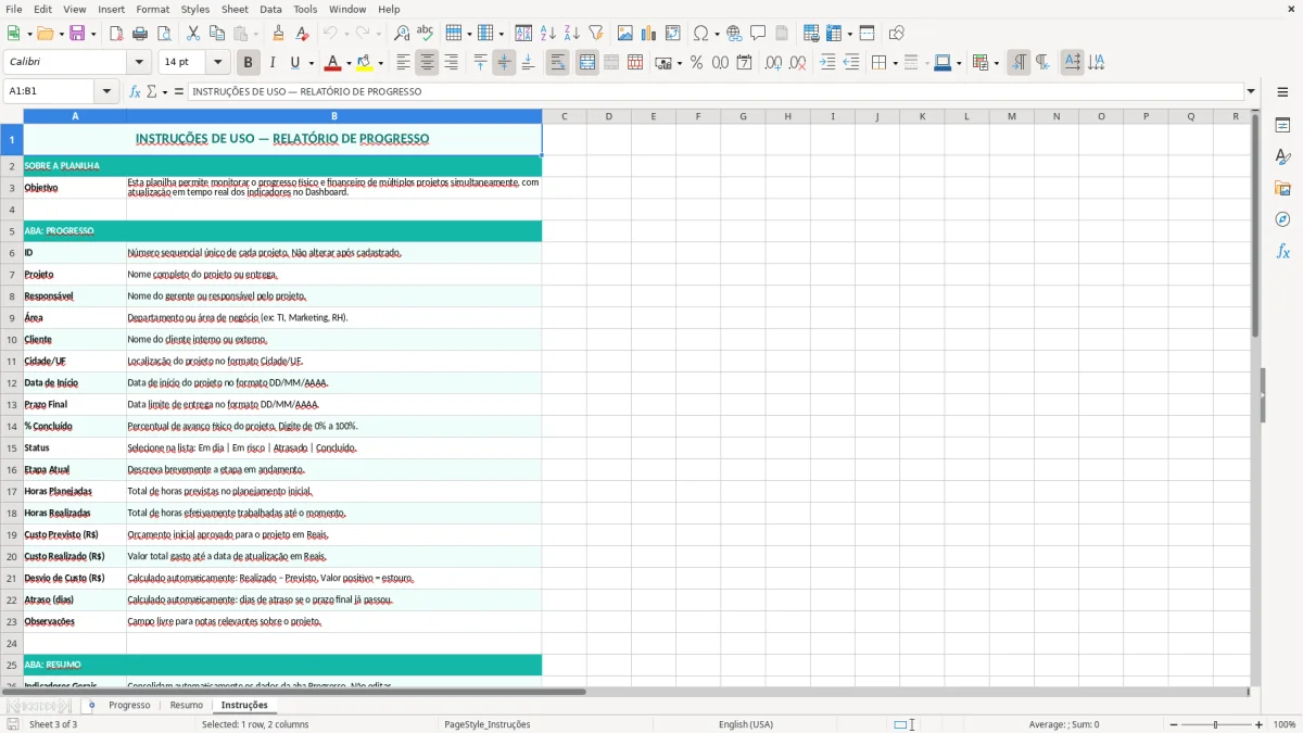 Captura de tela 3: Aba Instruções - Planilha Excel planilha de relatório de progresso excel