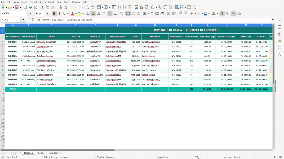 Captura de tela 1: Aba Romaneio - Planilha Excel planilha de romaneio de carga excel