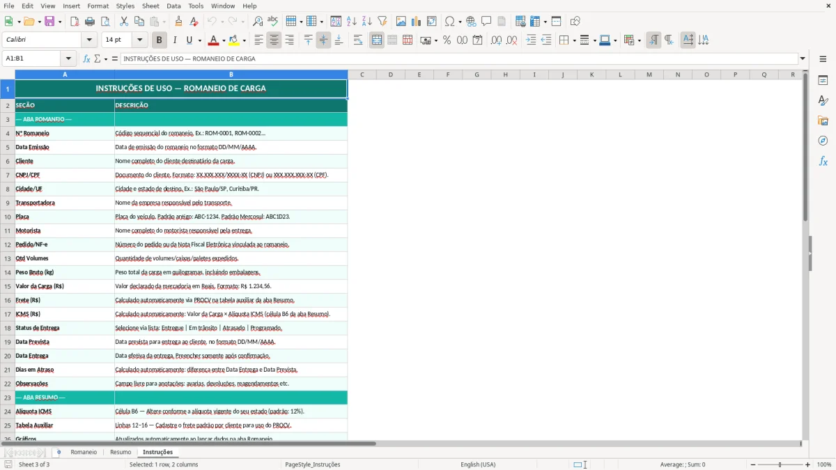 Captura de tela 3: Aba Instruções - Planilha Excel planilha de romaneio de carga excel