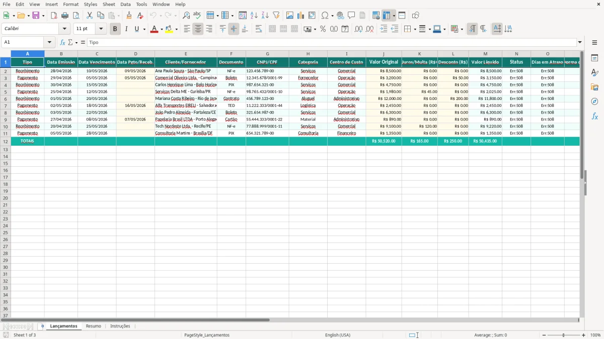 Captura de tela 1: Aba Lançamentos - Planilha Excel controle de recebimentos e pagamentos excel