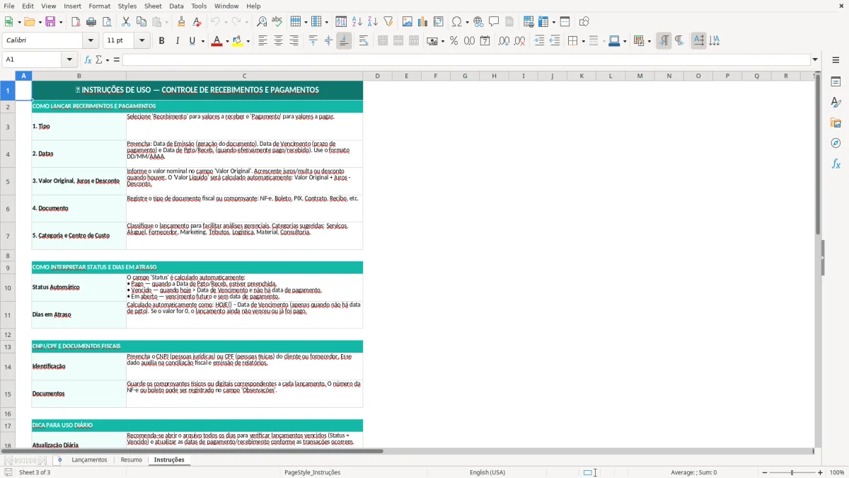 Captura de tela 3: Aba Instruções - Planilha Excel controle de recebimentos e pagamentos excel