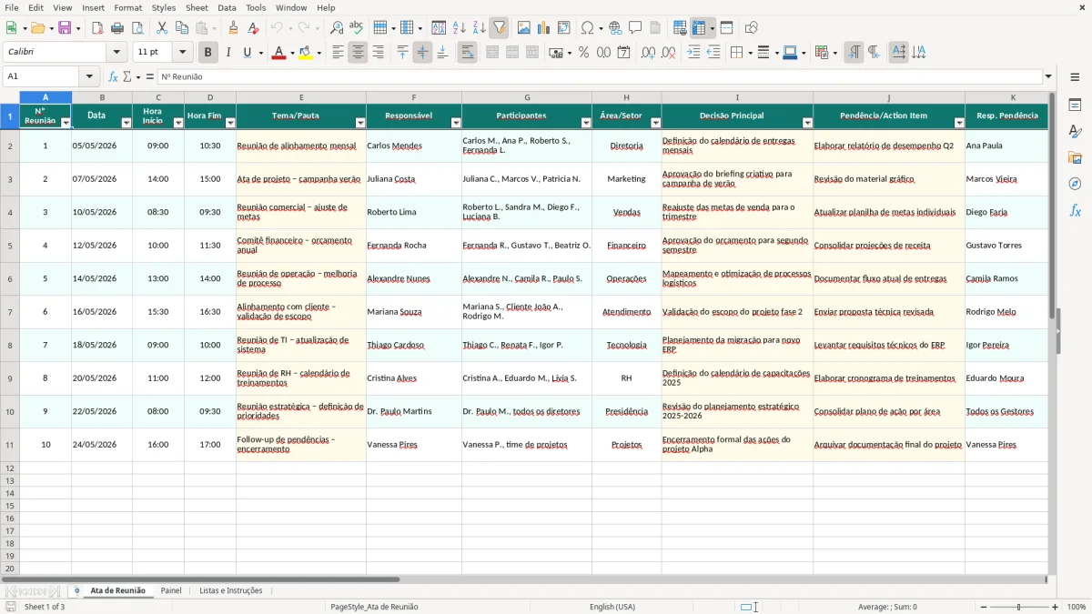 Captura de tela 1: Aba Ata de Reunião - Planilha Excel modelo de ata de reunião excel