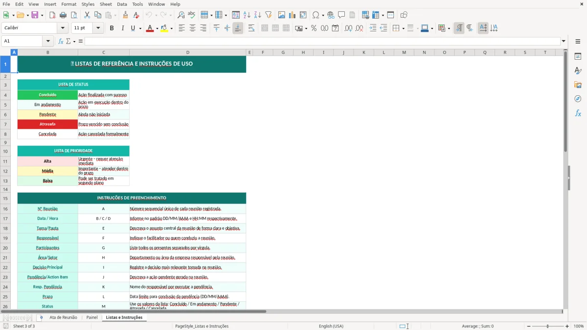 Captura de tela 3: Aba Listas e Instruções - Planilha Excel modelo de ata de reunião excel