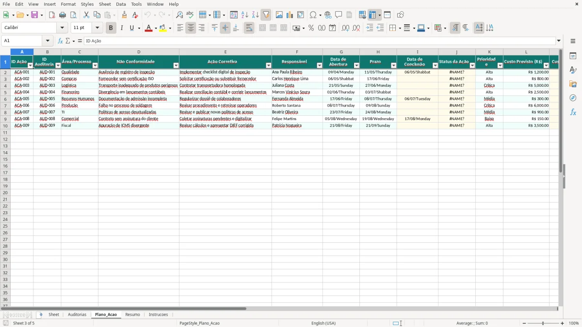 Captura de tela 3: Aba Plano_Acao - Planilha Excel modelo de auditoria interna excel